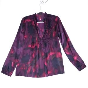 Theory Womens Black Burgundy Abstract Print Silk Tunic Blouse Size Small